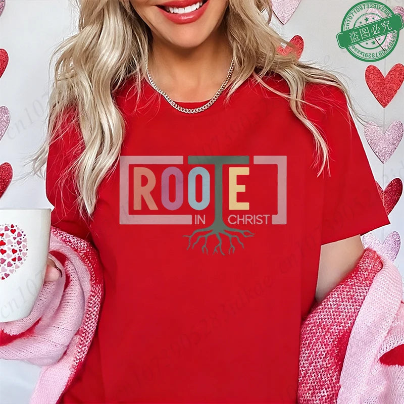 Rooted in Christ T-Shirt Women Vintage Tree Faith Root Graphic Tops Casual Christian Religious Short Sleeve Tee Female Clothing