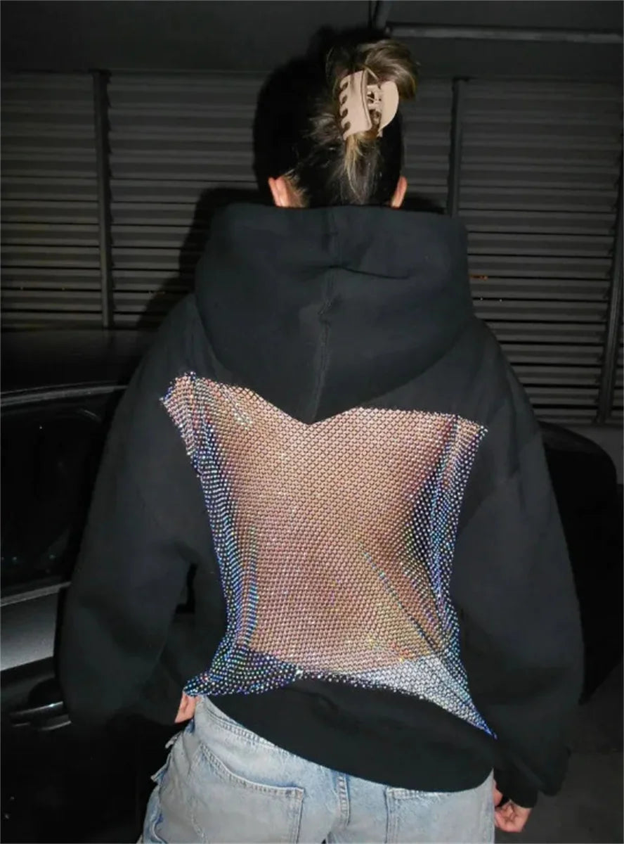 Women's Fashion Translucent Pullover Sweatshirt American Gothic Sexy Hollow Mesh Hoodie Y2K Clothes Casual Long Sleeves Jacket