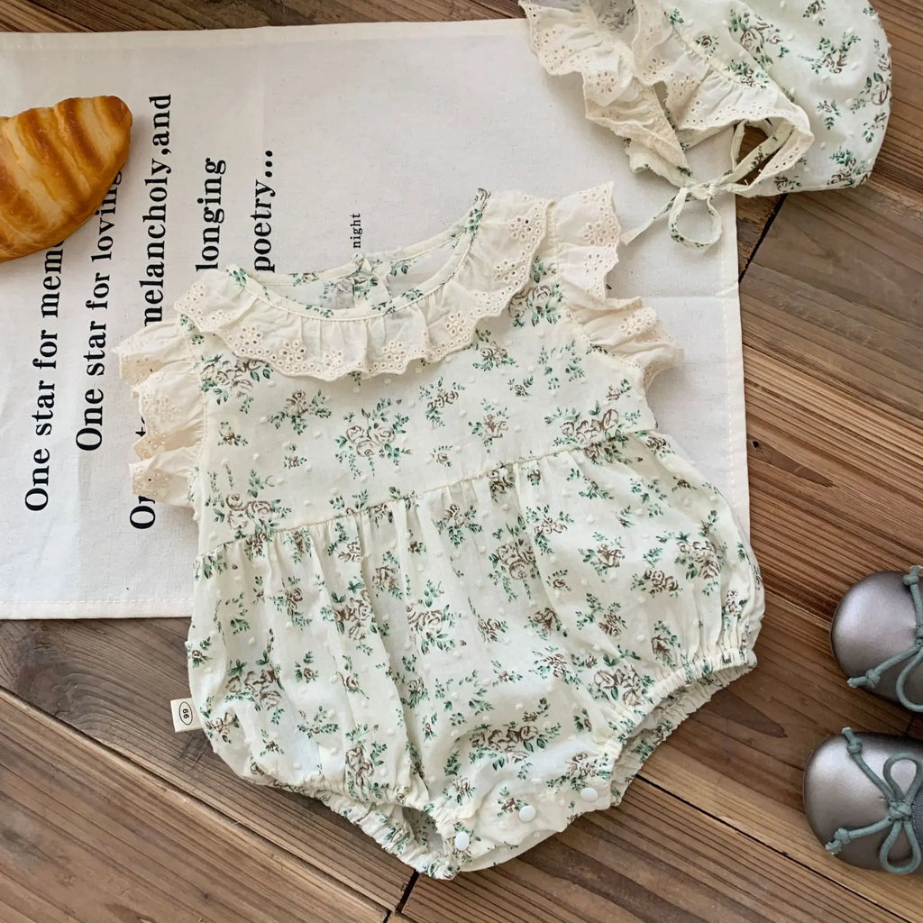 New In: Cute Flower Ruched Fly Sleeve Bodysuits for Newborn Baby Girls 98% Cotton Gift Hat Kids Infant Princess One-pieces 0-24M
