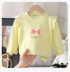 Kids Girls Cotton Long Sleeve Tops with Bow Cute Print Shirt Basic Tee Fall Autumn Clothing for Baby Toddler