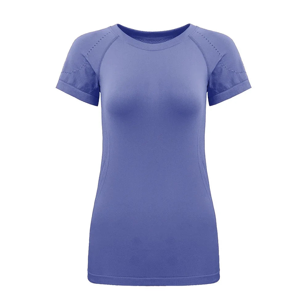 Women Yoga Shirts Sports T Shirt Summer Short Sleeve Round Neck Breathable Stretchy GYM Yoga Slim Fitness Active Top Tee