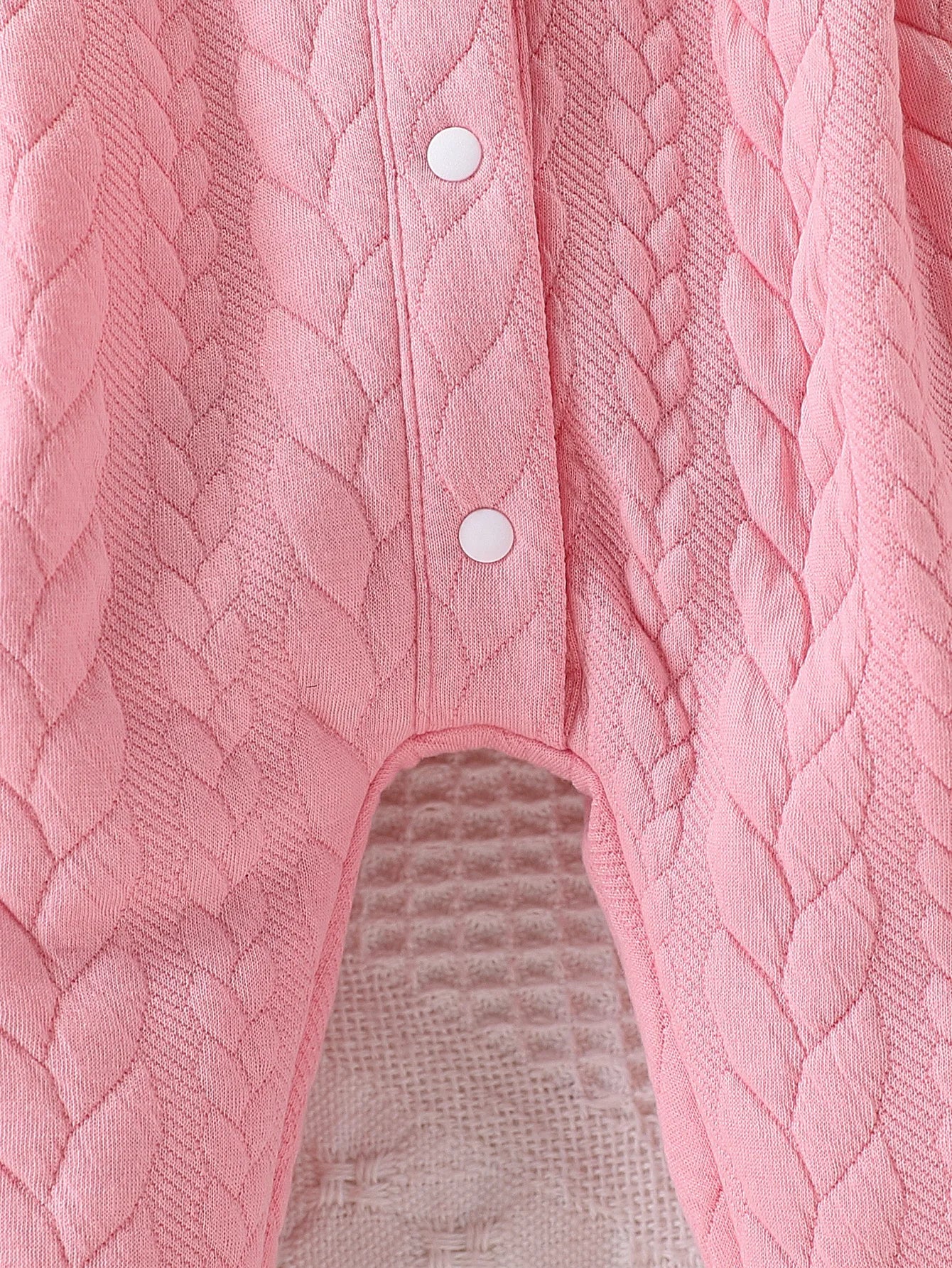 Pink Thickened One-Piece Romper for Baby Girls, with Cable Knit Quilted Fabric, Doll Collar with Hollow Lace, Double Bow, Snap Buttons on the Front and Crotch, Warm and Cute