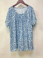 Plus Size Floral print pleated t-shirt, casual short-sleeved T-shirt spring and summer