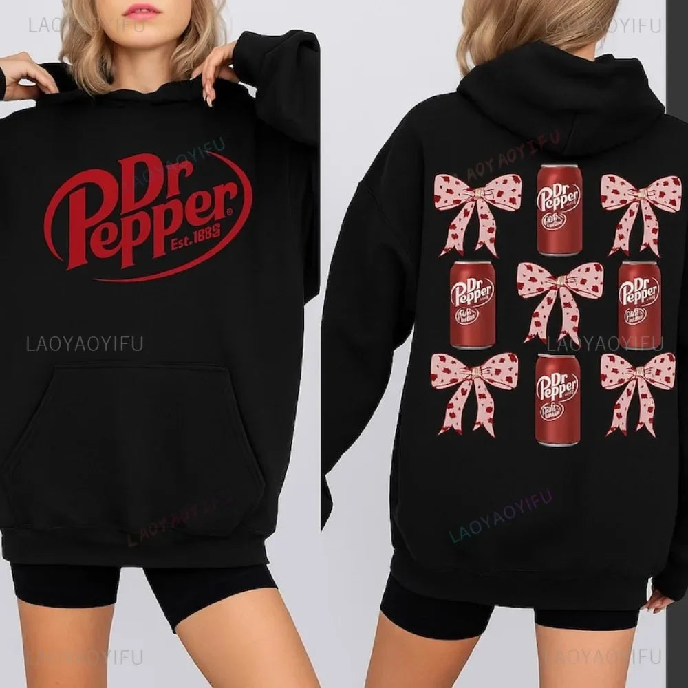 Dr Pepper Can and Bowknot Duplex Printing Hoodie Retro Soda Lover Pullover Women Fashion Daily Life Streetwear Fall Winter Tops