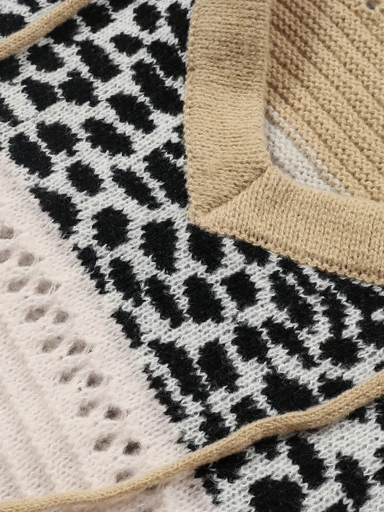 Plus Size Women's Autumn and Winter Pop Hooded Leopard Print Colour Block Sweater Casual Style Acrylic Material