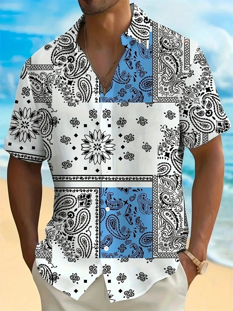 Hawaii Shirts for Men 3D Paisley Graphic Short-sleeved T-shirt Casual Lapel Buttons Male Tops Summer Oversized Bohemian Man Tees