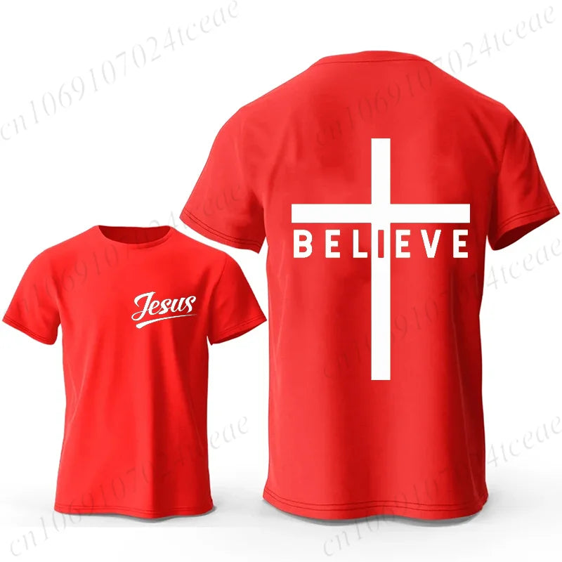 Men's Fashion Summer T-shirts Believe Cross Jesus Creative Graphic Printed Tshirts Casual Short Sleeved T-shirt Christian Tops
