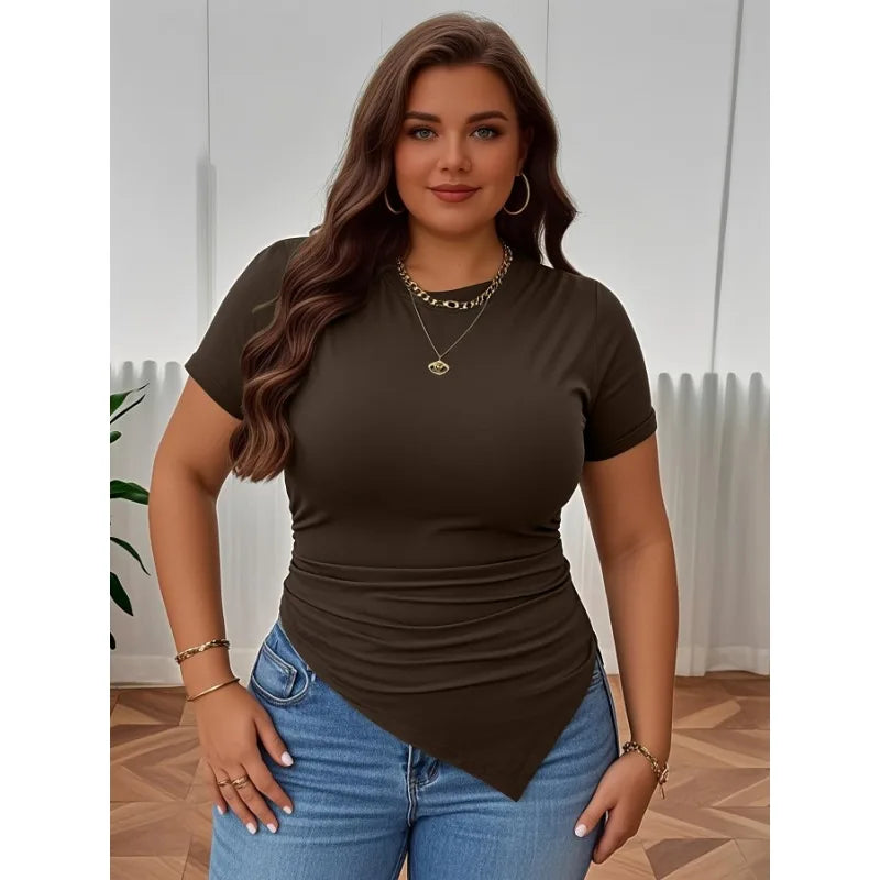 Plus Size New Women's Clothing Ins Minimalist Style Round Neck T-shirt Slim Fit Temperament Solid Color Top Blouses Woman