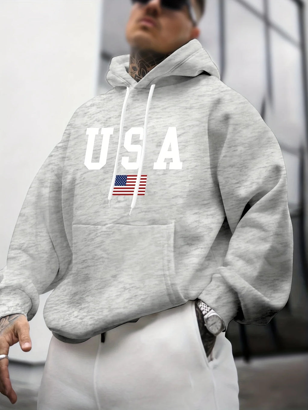 Men's autumn and winter casual fashion loose American flag graphic print long sleeved hooded sweatshirt warm pullover