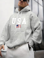 Men's autumn and winter casual fashion loose American flag graphic print long sleeved hooded sweatshirt warm pullover