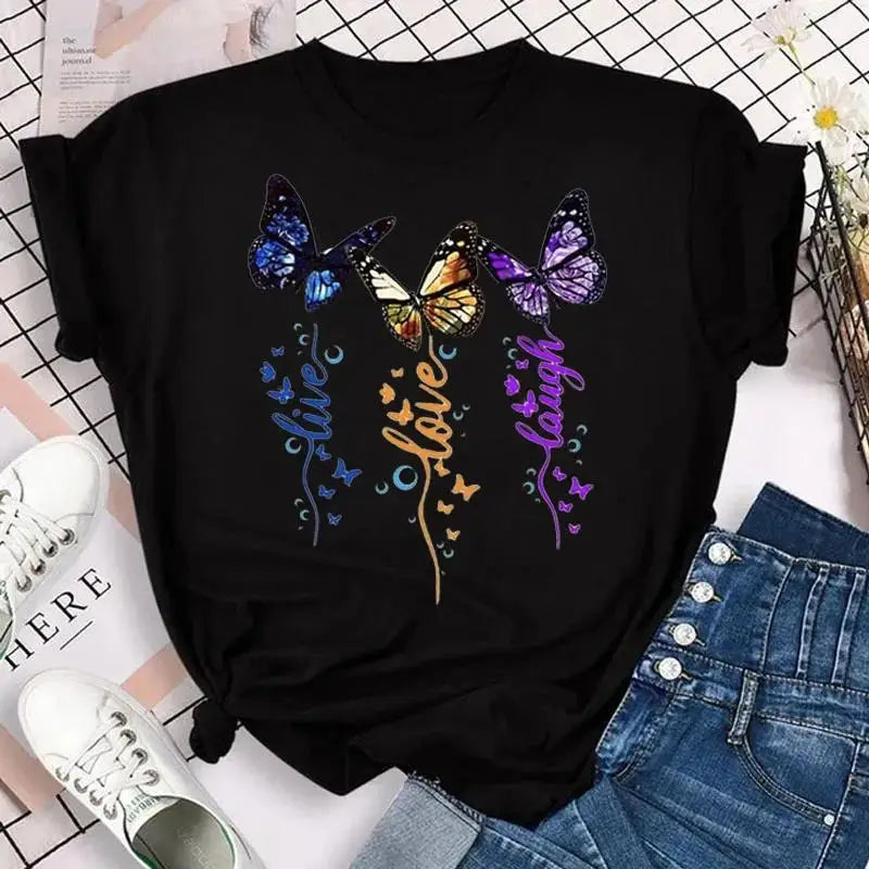 Fashion Women Men T Shirt Colorful Butterfly Petal Graphic Print T Shirt Casual Crew Neck Short Sleeve Plus Size T Shirt Unisex