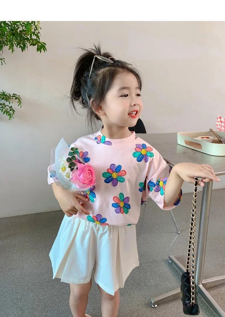 1pcs Summer Kids Flower Print Tops Clothes Girls Korean Style Shirt Children Short Sleeve T-shirts Child Casual Comfort T Shirs