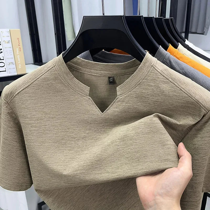 Korean Men's Casual and Fashionable Small V-neck Solid Color Short Sleeved T-shirt Comfortable Summer Versatile Top