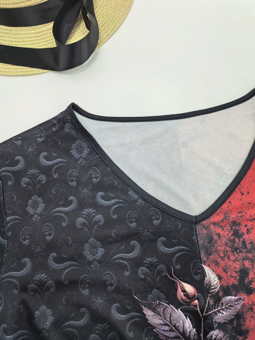 Plus Large size women's floral print V-neck short-sleeved T-shirt casual knitted micro-stretch top pullover