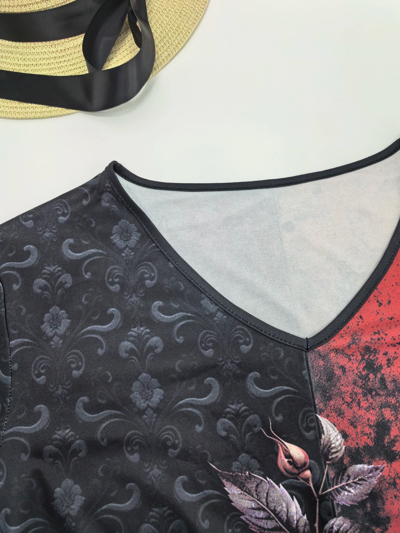Plus Large size women's floral print V-neck short-sleeved T-shirt casual knitted micro-stretch top pullover