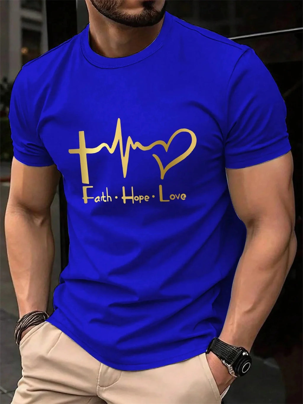 Men's Summer 100% Cotton Fashionable Casual Loose Large Size FAITH HOPE LOVE Printed Sports Round Neck Short Sleeve T-shirt Top