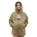 Ladies Winter Hooded Lamb Velvet Zipper Kangaroo Pocket Cat Dog Mommy Outwear Sweatshirt Comfortable Street Style Trendy Fashion