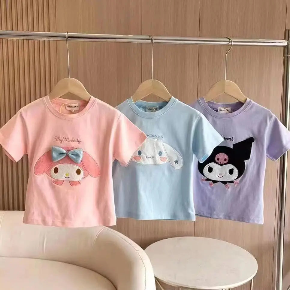 2026 New Cartoon Sanrio Kuromi My Melody Cinnamoroll Girls Short Sleeve T-Shirt Summer Kawaii Children'S Clothes Gifts 90-140cm