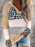 Plus Size Women's Autumn and Winter Pop Hooded Leopard Print Colour Block Sweater Casual Style Acrylic Material