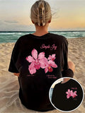 Women's Pink Orchid Print T-Shirt, Short Sleeve, Round Neck Top, Summer Y2K Style T-shirt, Comfortable Women's Clothing Y2K Top