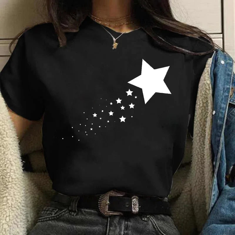2024 Plus Size Womens Cartoon Graphic Star Printing T-shirts 90s Girls Style Casual Fashion Aesthetic Printed Female Top Tees