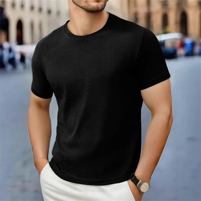 Men's Casual Short Sleeve T-shirt 2025 New Bone Flower Solid Color O-neck Fashion Breathable Comfortable Summer Versatile Top