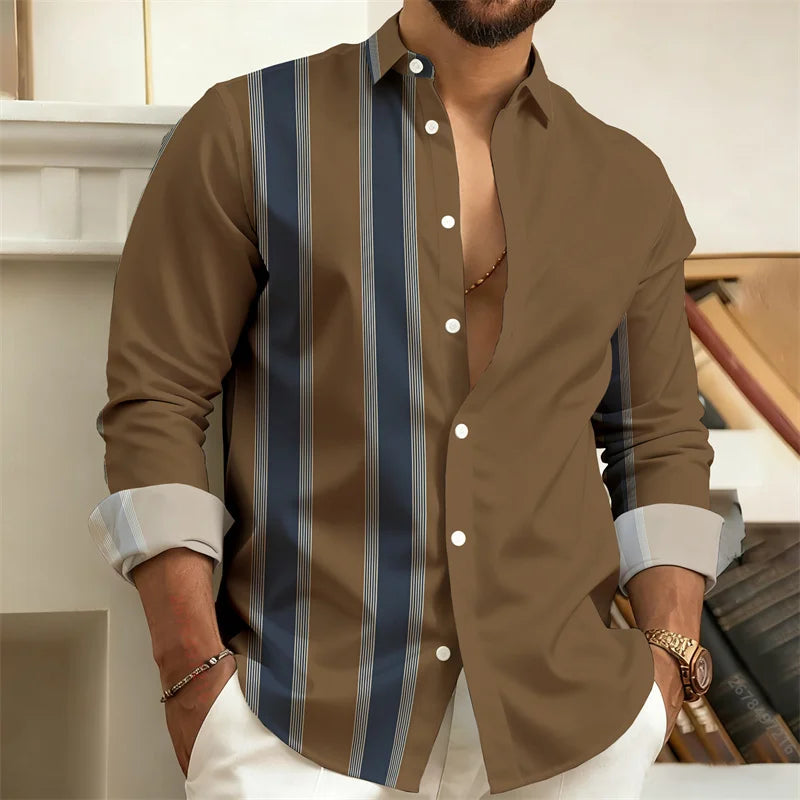 Men's Color-Blocked Striped Long-Sleeve Shirt, Retro Style Business Casual Shirt, Slim Fit Men's Trendy Top, Sizes S-6XL