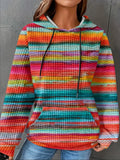 Women's Plus Size Striped Waffle Drawstring Hoodie Casual Long Sleeve Kangaroo Pocket Hooded Sweatshirt For Fall&Winter Clothing