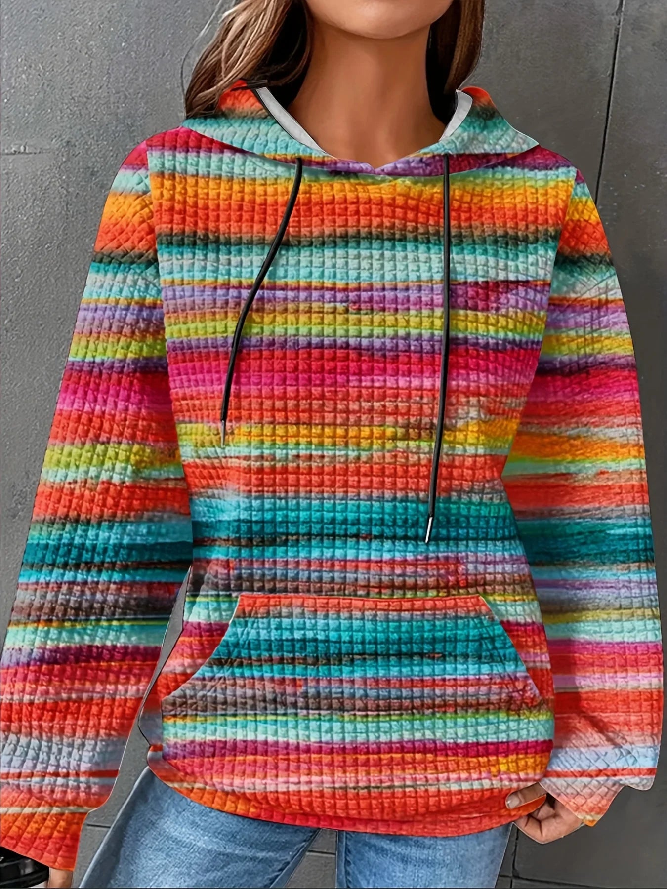 Women's Plus Size Striped Waffle Drawstring Hoodie Casual Long Sleeve Kangaroo Pocket Hooded Sweatshirt For Fall&Winter Clothing