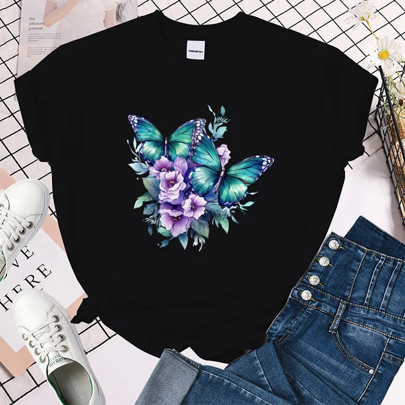 Women T-shirt Funny Flower Butterfly Print T-Shirts for Women Summer Round Neck Tee Shirt Femme Fashion Casual T-Shirts
