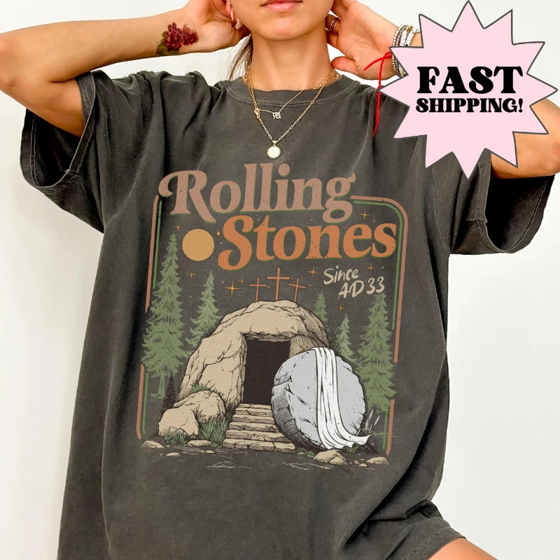 Summer Rolling Christian T-shirt, Fashionable Stone Easter Clothing, Jesus Christ, Christian Gifts, Faith Based Pattern T-shirt