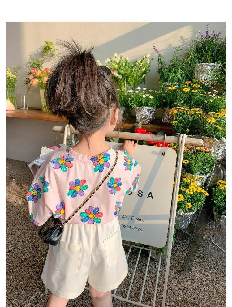 1pcs Summer Kids Flower Print Tops Clothes Girls Korean Style Shirt Children Short Sleeve T-shirts Child Casual Comfort T Shirs