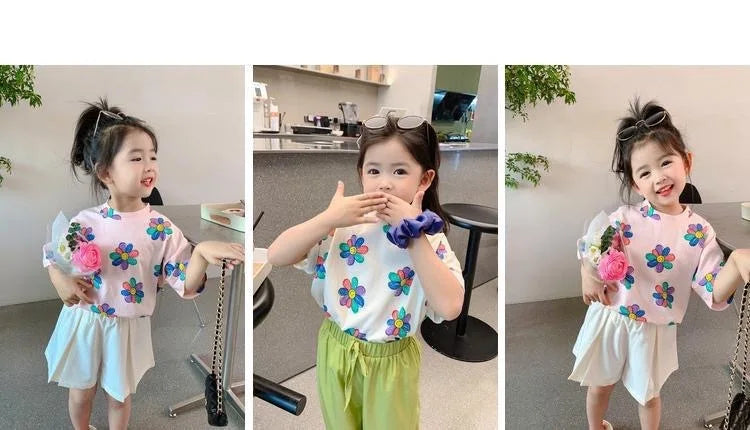 1pcs Summer Kids Flower Print Tops Clothes Girls Korean Style Shirt Children Short Sleeve T-shirts Child Casual Comfort T Shirs
