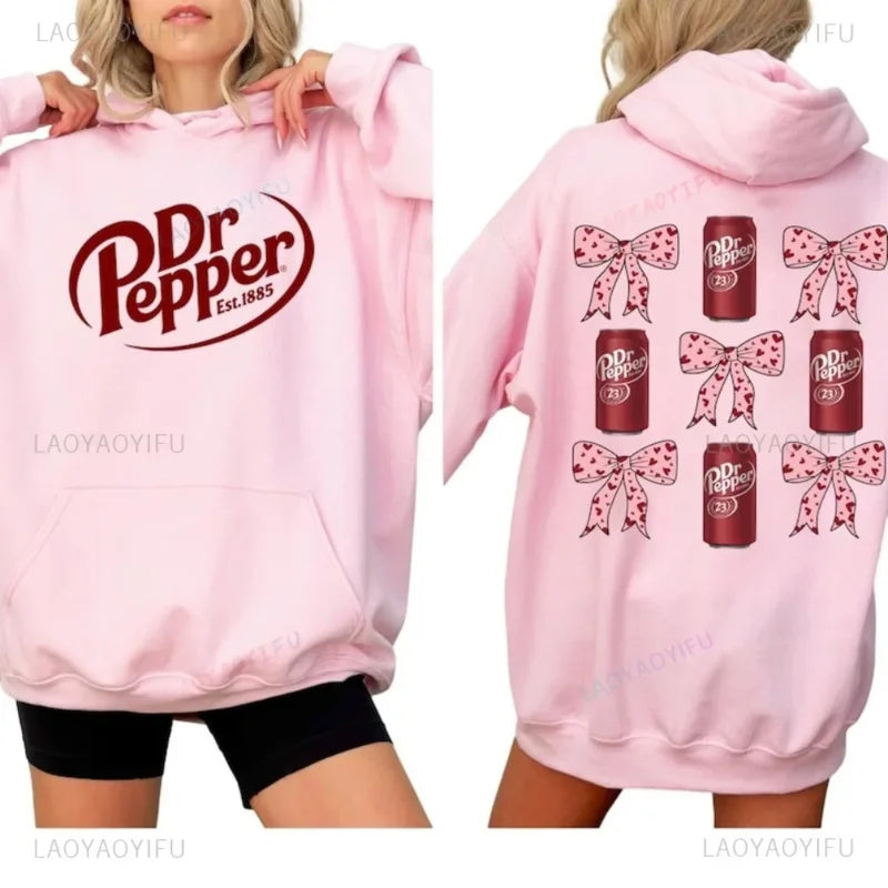 Dr Pepper Can and Bowknot Duplex Printing Hoodie Retro Soda Lover Pullover Women Fashion Daily Life Streetwear Fall Winter Tops