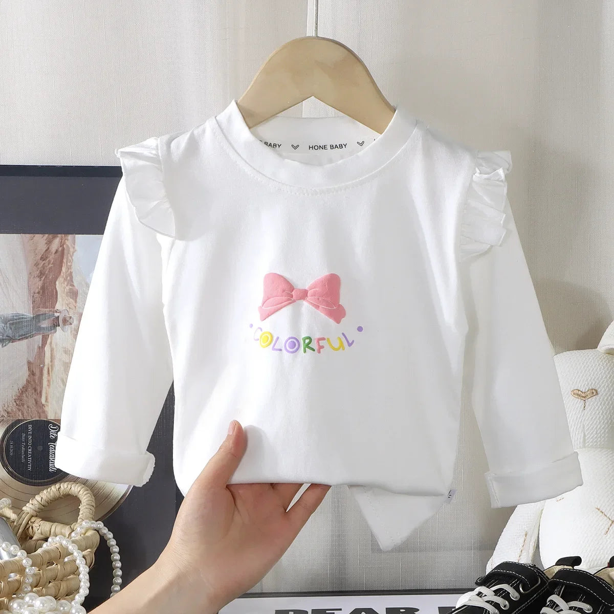 Kids Girls Cotton Long Sleeve Tops with Bow Cute Print Shirt Basic Tee Fall Autumn Clothing for Baby Toddler