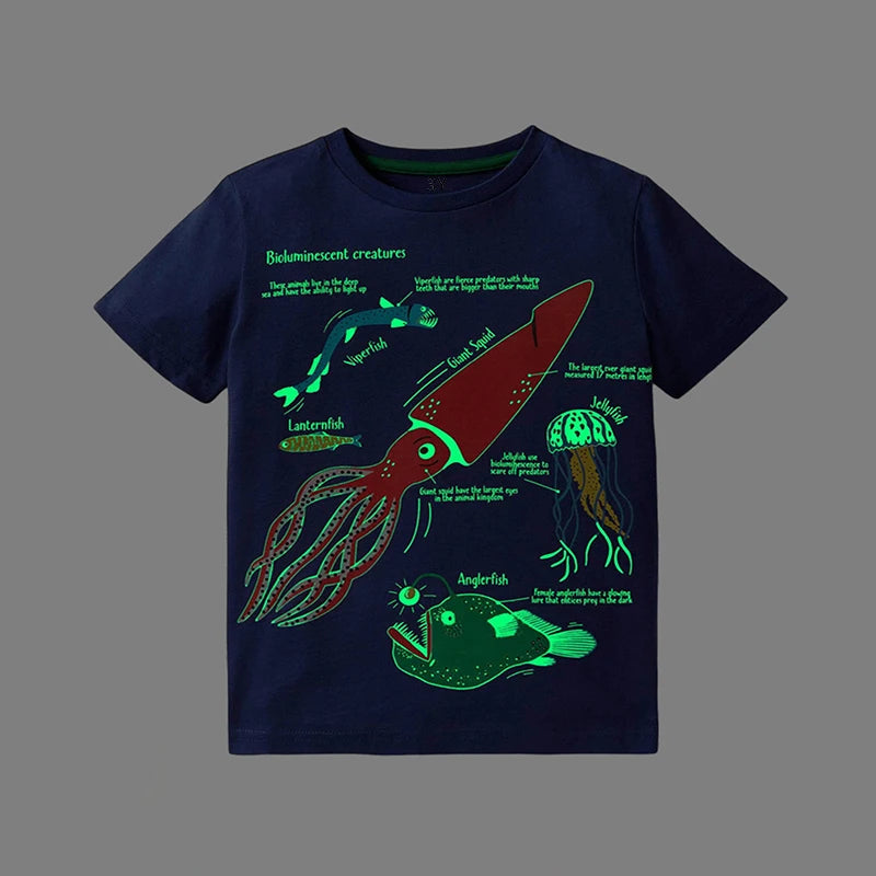 Little maven 2026 New Fashion Boys T-shirt Summer Luminous Dinosaur Animal Cotton Causal Clothes Lovely Tops for Kids 2-7 year