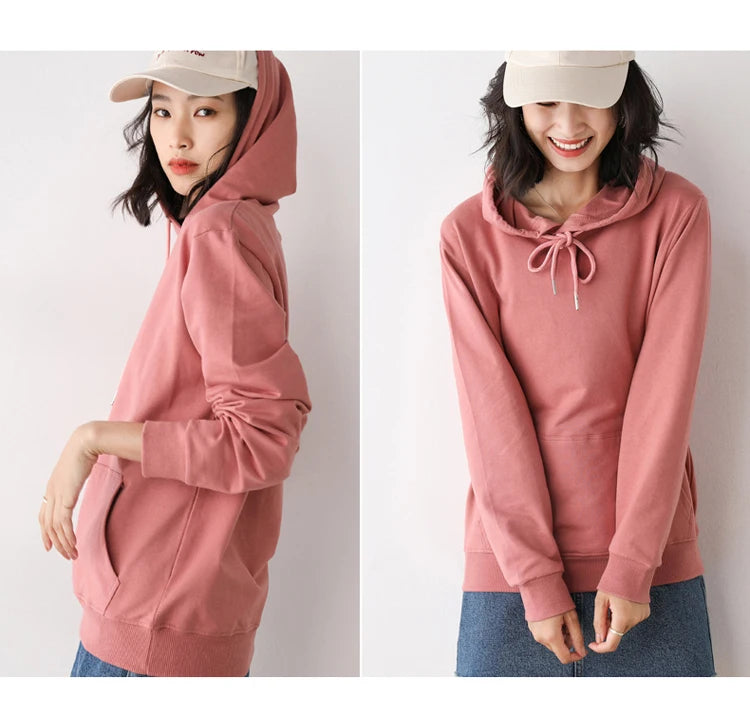 Women Hoodies 100% Cotton Spring Autumn Loose Long Sleeve Pullovers Solid Casual Ladies Outerwear Hooded Hoodie Womens Clothing