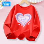 Kawaii Lovely Heart T-shirt for Girls - Cute Pink Purple Heart Print Long Sleeve Top, Kids Casual Cotton Basic Shirt