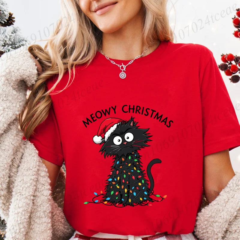 Women'S Casual Graphic T-Shirt - Meowy Christmas Print, Short Sleeve O Neck Top for Christmas Xmas T-Shirts Christmas Santa Tees