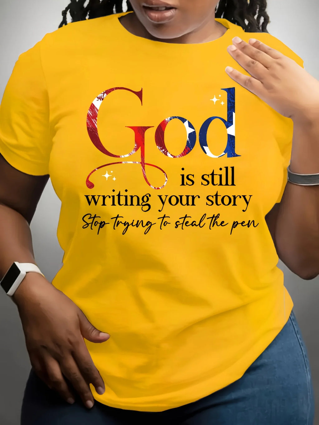 God Is Still Writing Your Story Women's Tee - Faith Graphic, Casual Yellow Top
