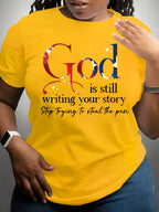 God Is Still Writing Your Story Women's Tee - Faith Graphic, Casual Yellow Top