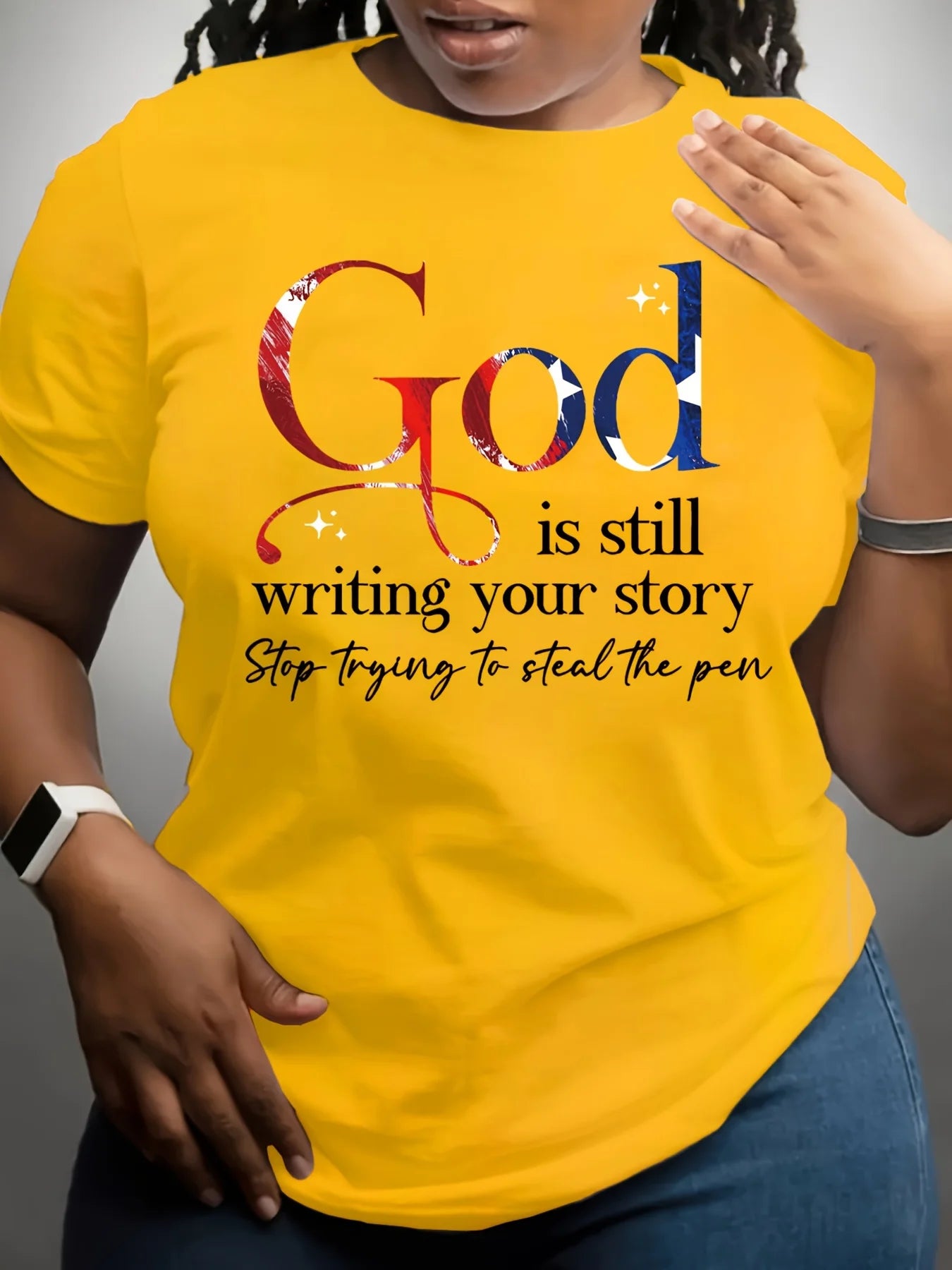 God Is Still Writing Your Story Women's Tee - Faith Graphic, Casual Yellow Top