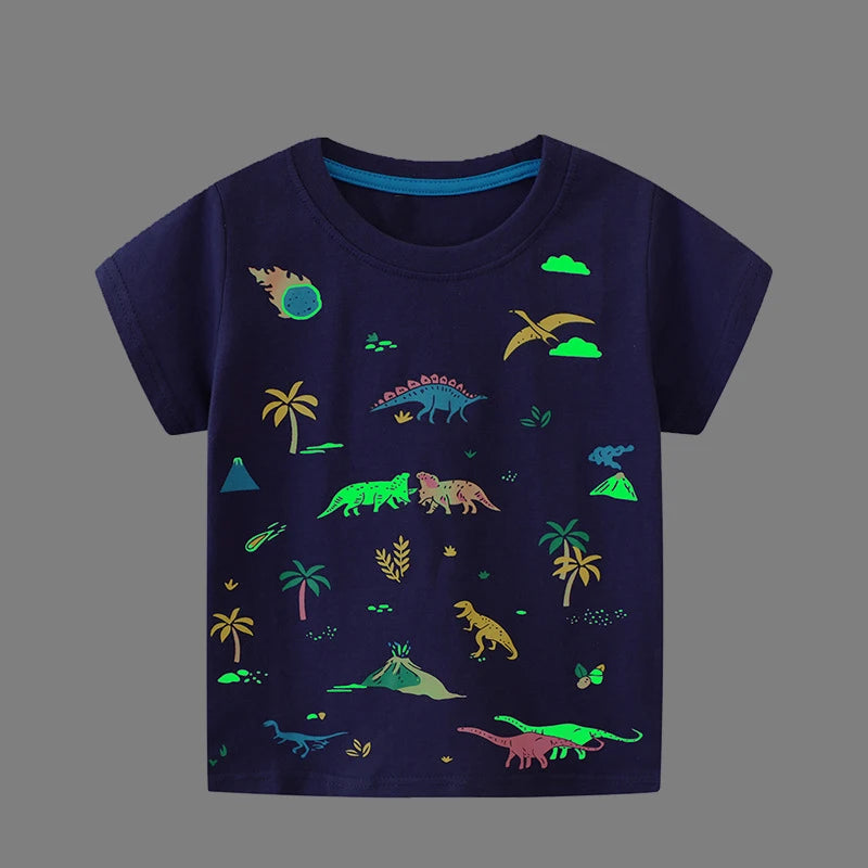 Little maven 2026 New Fashion Boys T-shirt Summer Luminous Dinosaur Animal Cotton Causal Clothes Lovely Tops for Kids 2-7 year