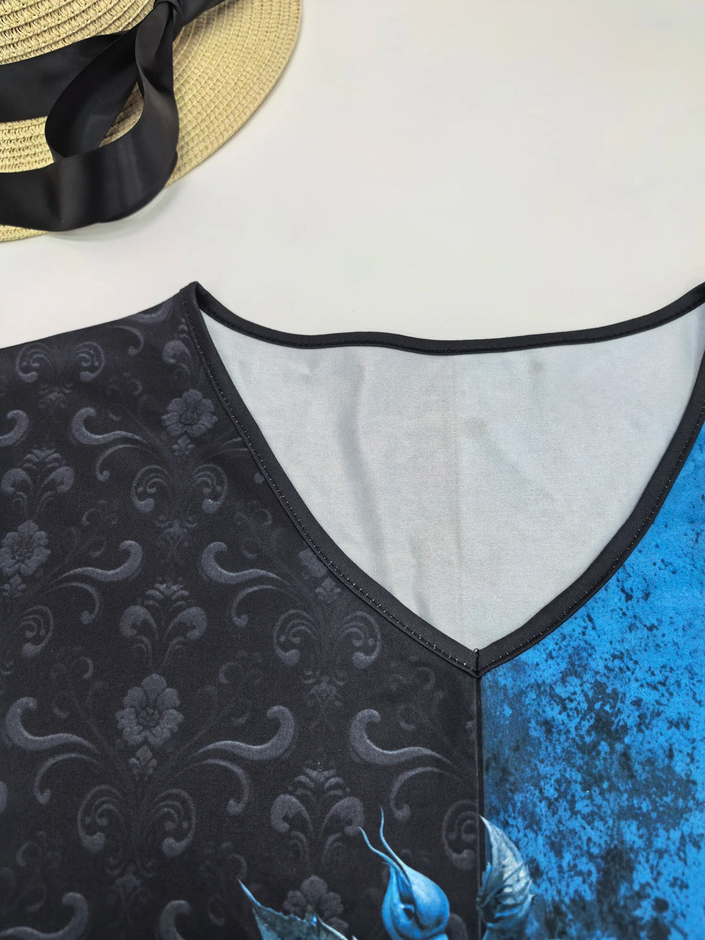 Plus Large size women's floral print V-neck short-sleeved T-shirt casual knitted micro-stretch top pullover