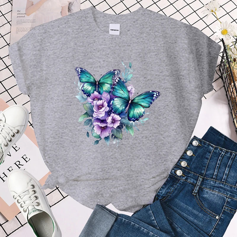 Women T-shirt Funny Flower Butterfly Print T-Shirts for Women Summer Round Neck Tee Shirt Femme Fashion Casual T-Shirts