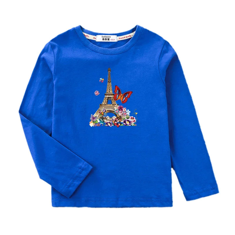Girls New Autumn Clothes Paris Eiffel Tower T-shirt Long sleeved Cotton Tops Little Girl Butterfly Party Tees