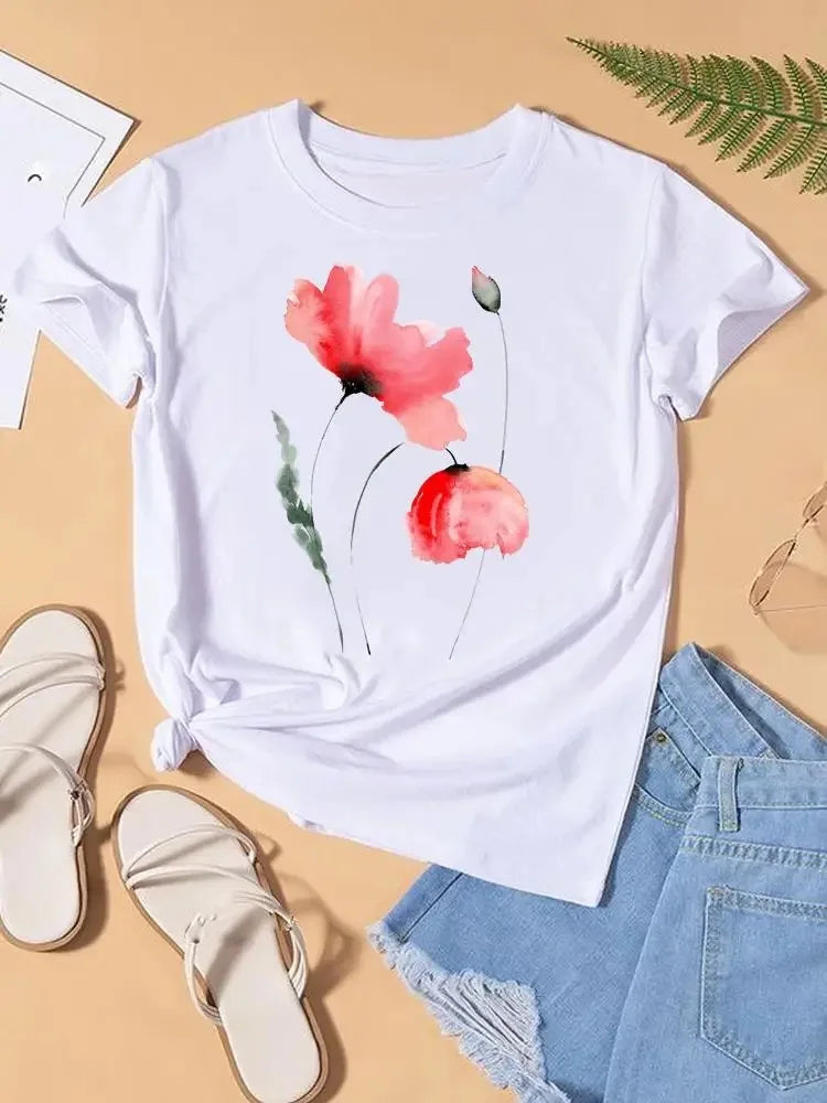 Graphic T-shirt Women Top Lady Female Shirt Tee Flower Carto Women Clothes Aesthetic Clothes Tops