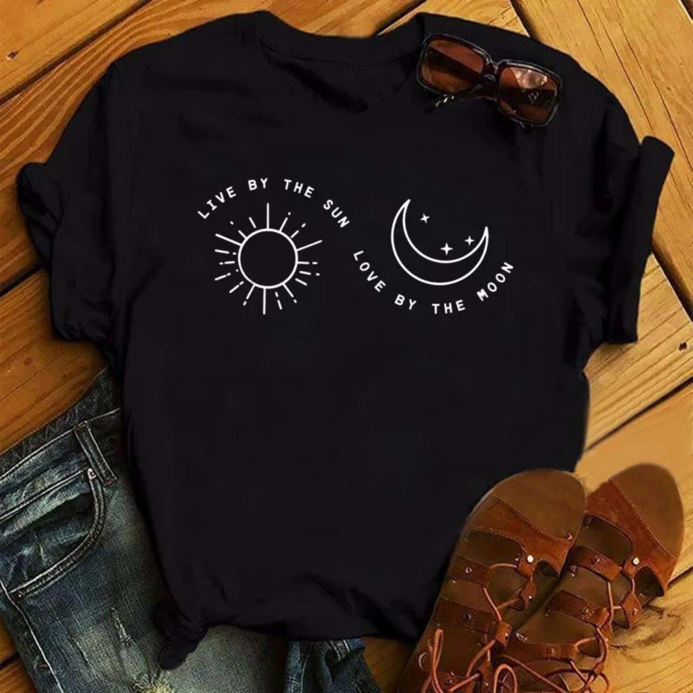 Gold and White Sun Moon Stars Print Women T Shirt Short Sleeve Women Tshirt Durable Plus-size Casual T-shirt Daily Streetwear