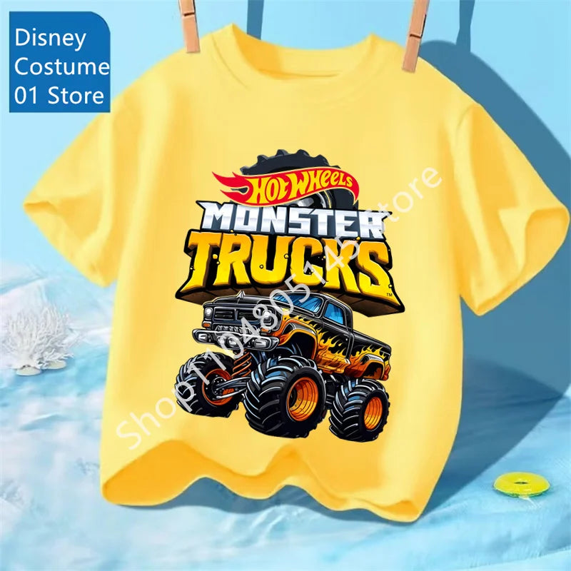 Summer Kids T Shirt Hot Wheels T-shirt Boys Girls Short Sleeve Tops Cartoon Cars Graphic Trucks Print T-shirt Children Clothing