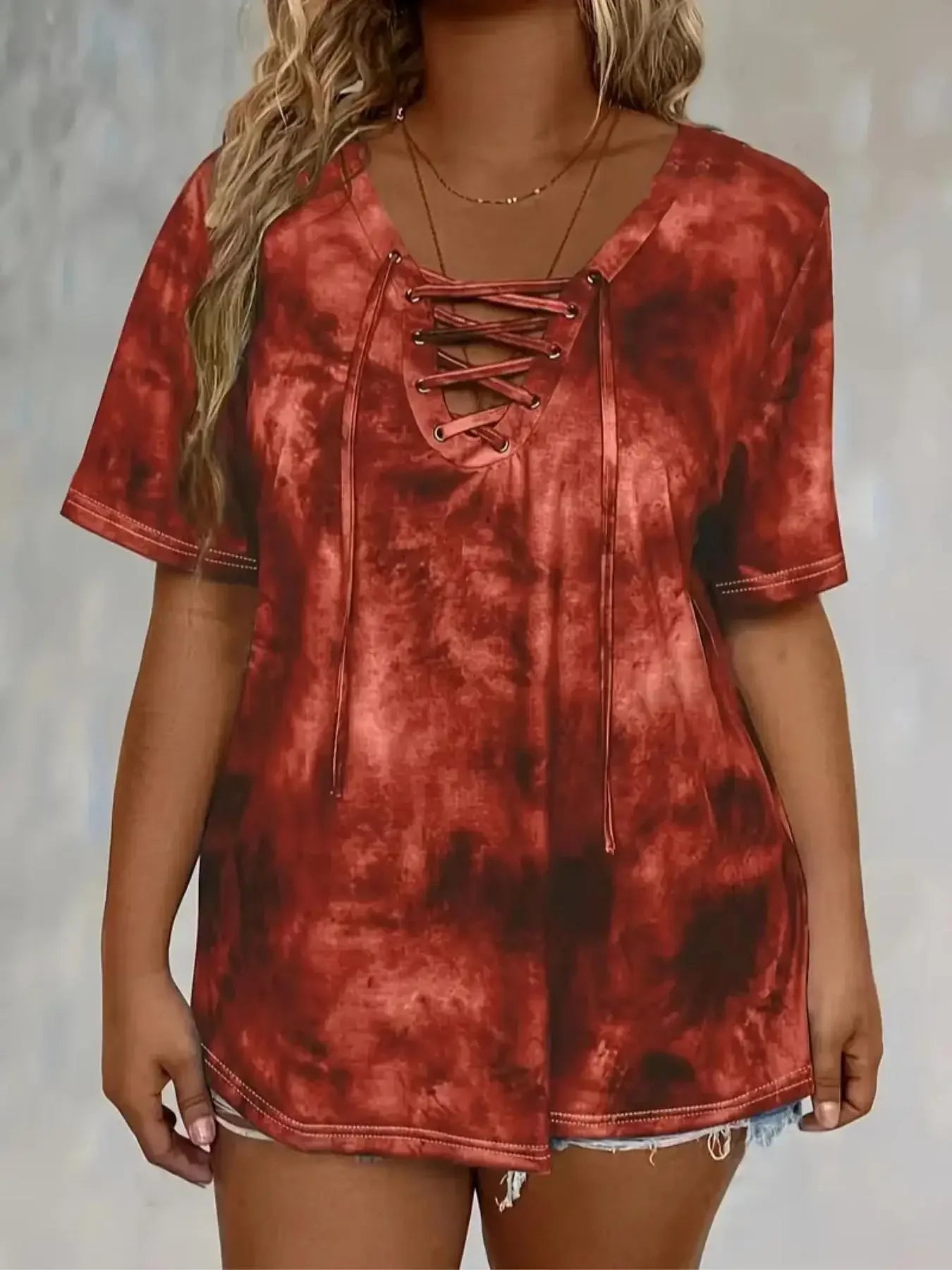 Plus Size Women's 1XL-5XL Fashion Tie Dye Print Short Sleeve T-Shirt Ladies Casual Loose Fit Tee with Lace-Up Drape Neck T-shirt